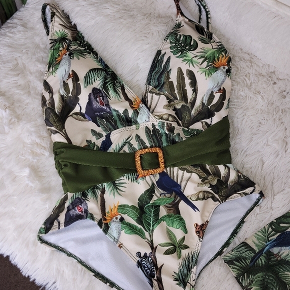 IDOPIP Tropical Print Green and Beige SWIMSUIT with sarong. - Picture 12 of 16